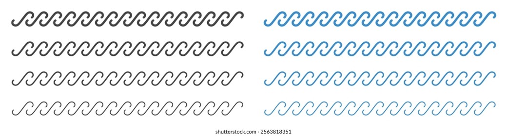 Waves icon ocean set. Blue and black line wave, sea and ocean signs. Water and wave logo. Vector. EPS10.
