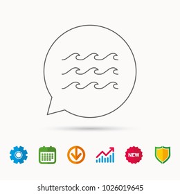 Waves icon. Sea flowing sign. Water symbol. Calendar, Graph chart and Cogwheel signs. Download and Shield web icons. Vector