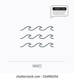 Waves icon. Sea flowing sign. Water symbol. Linear outline icon. Speech bubble of dotted line. Vector