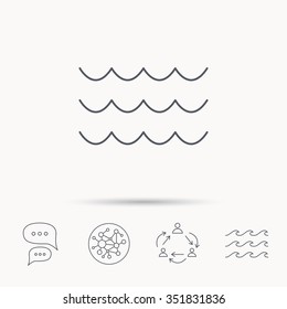 Waves icon. Sea flowing sign. Water symbol. Global connect network, ocean wave and chat dialog icons. Teamwork symbol.