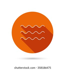 Waves icon. Sea flowing sign. Water symbol. Round orange web button with shadow.