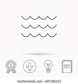 Waves icon. Sea flowing sign. Water symbol. Download arrow, lamp, learn book and award medal icons.