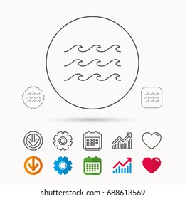Waves icon. Sea flowing sign. Water symbol. Calendar, Graph chart and Cogwheel signs. Download and Heart love linear web icons. Vector