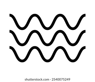 Waves-Symbol. Undulate parallele horizontale schwarze Linien Zeichen einzeln auf weißem Hintergrund. Meer, Meer, Fluss oder Wasser Symbol. Luft-, Wind-, Wellen- oder Surf-Piktogramm. Vektorgrafik.