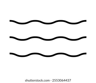 Waves-Symbol. Undulate parallele horizontale schwarze Linien, einzeln auf weißem Hintergrund. Wassersymbol. Meer-, See-, Fluss- oder Seezeichen. Piktogramm Luft, Wind, Fluss oder Fluss. Vektorkonturgrafik.