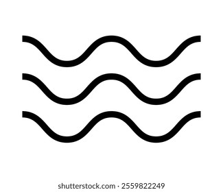 Waves icon. Water emblem. Undulated parallel horizontal black lines sign isolated on white background. Ocean, sea, river symbol. Air, wind or flow pictogram. Vector outline illustration.