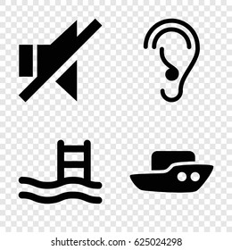 Waves icons set. set of 4 waves filled icons such as boat, ear, no sound