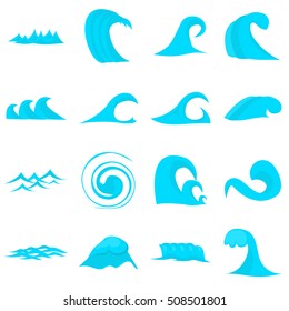 Waves icons set. Flat illustration of 16 waves vector icons for web
