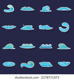 Waves icons set stikers collection vector with shadow on purple background