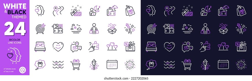 Waves, Journey and Shift line icons for website, printing. Collection of Smile chat, Heart, Road icons. Puzzle game, Search puzzle, Fireworks web elements. Gift dream, Travel sea, Gift. Vector