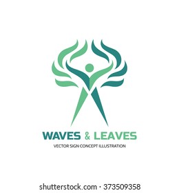 Waves & leaves - vector logo template. Human character creative illustration. Nature ecology sign. Eco people man symbol. Health woman icon. Healthcare concept. 