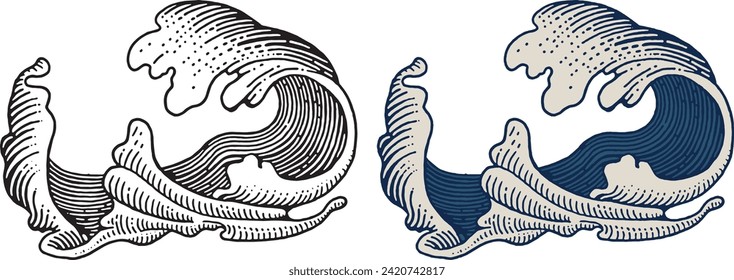 Waves line art with unique abstact style. tropical, surfing, beach life, ocean waves, water form. available in monochrome and colors