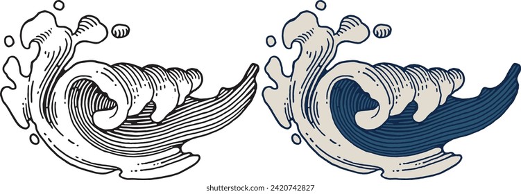 Waves line art with unique abstact style. tropical, surfing, beach life, ocean waves, water form. available in monochrome and colors
