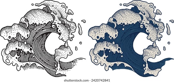 Waves line art with unique abstact style. tropical, surfing, beach life, ocean waves, water form. available in monochrome and colors