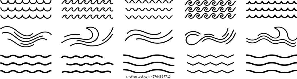 Waves line set. Waves collection vector. Sea wave icon set. Various wave water lake river. Water logo, line ocean symbol in vector flat style. Seamless abstract line pattern. Water outline symbol.