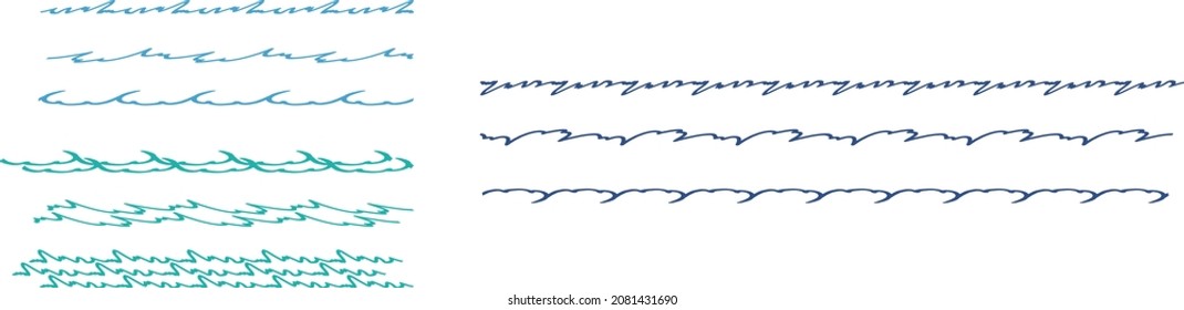 Waves line set, seamless. Waves collection of different shades of sea water. Vector. Ability to change to any size without loss of quality.