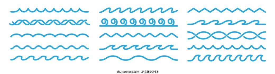 Waves line set. Wave line art pack. Water wave, sea wave set. Zigzag line. Water logo. 