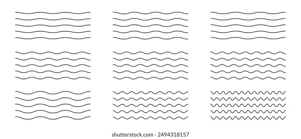 Waves line set. Wave ornament pattern. Set of wavy zigzag lines. Wave thin line background. Vector zigzag and wavy horizontal underline. Vector illustration 