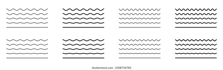 Waves line set. Wave ornament pattern. Set of wavy zigzag lines. Wave thin line background. Vector zigzag and wavy horizontal underline. Vector illustration 