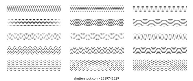 Linha de ondas definida. Padrão de ornamento de onda. Conjunto de linhas onduladas em ziguezague. Plano de fundo de linha fina de onda. Ziguezague vetorial e sublinhado ondulado horizontal. Ilustração vetorial 