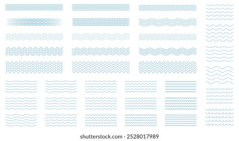 Linha de ondas definida. Padrão de ornamento de onda. Conjunto de linhas onduladas em ziguezague. Plano de fundo de linha fina de onda. Ziguezague vetorial e sublinhado ondulado horizontal. Ilustração vetorial 