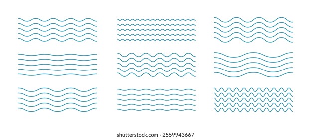 Waves line set – wave ornament pattern. vector zigzag and wavy horizontal editable underline background.  Water pattern border design element vector icon set.