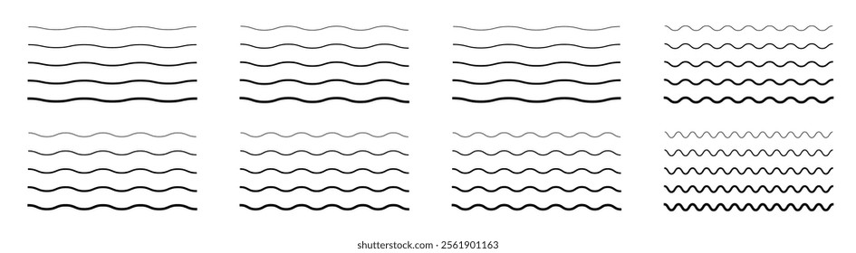 Waves line set. Wave ornament pattern. Set of wavy zigzag lines. Wave thin line background. Vector zigzag and wavy horizontal underline. Vector illustration 