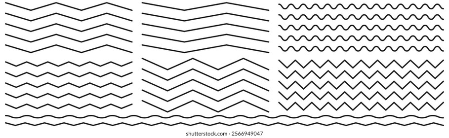 Waves line set. Wave ornament pattern. Set of wavy zigzag lines. Wave thin line background.