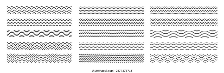 Waves line set. Wave ornament pattern. Set of wavy zigzag lines. Wave thin line background. Vector zigzag and wavy horizontal underline. Vector illustration 