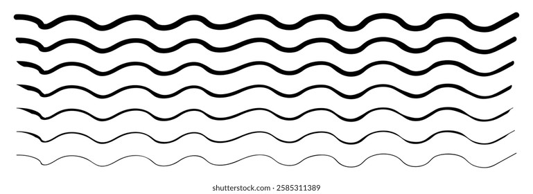 Waves line set. Wave ornament pattern. Water wave, Set of wavy zigzag lines. Wave thin line background. Doodle line art style, zigzag stroke texture, undulate squiggle simple backdrop stripes element.