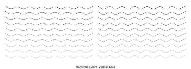 Waves line set. Wave ornament pattern. Water wave, Set of wavy zigzag lines. Wave thin line background. Doodle line art style, zigzag stroke texture, undulate squiggle simple backdrop stripes element.