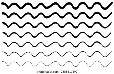 Waves line set. Wave ornament pattern. Water wave, Set of wavy zigzag lines. Wave thin line background. Doodle line art style, zigzag stroke texture, undulate squiggle simple backdrop stripes element.