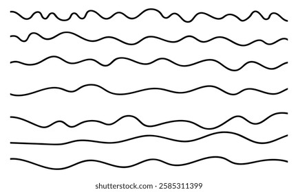Waves line set. Wave ornament pattern. Water wave, Set of wavy zigzag lines. Wave thin line background. Doodle line art style, zigzag stroke texture, undulate squiggle simple backdrop stripes element.