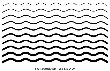 Waves line set. Wave ornament pattern. Water wave, Set of wavy zigzag lines. Wave thin line background. Doodle line art style, zigzag stroke texture, undulate squiggle simple backdrop stripes element.