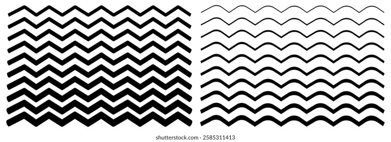 Waves line set. Wave ornament pattern. Water wave, Set of wavy zigzag lines. Wave thin line background. Doodle line art style, zigzag stroke texture, undulate squiggle simple backdrop stripes element.