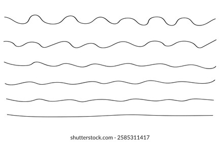 Waves line set. Wave ornament pattern. Water wave, Set of wavy zigzag lines. Wave thin line background. Doodle line art style, zigzag stroke texture, undulate squiggle simple backdrop stripes element.