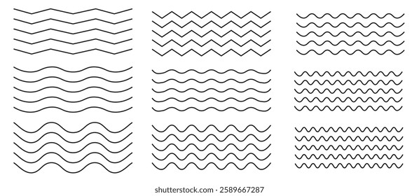 Waves line set. Wave ornament pattern. Set of wavy zigzag lines. Wave thin line background. Vector zigzag and wavy horizontal underline. Vector illustration