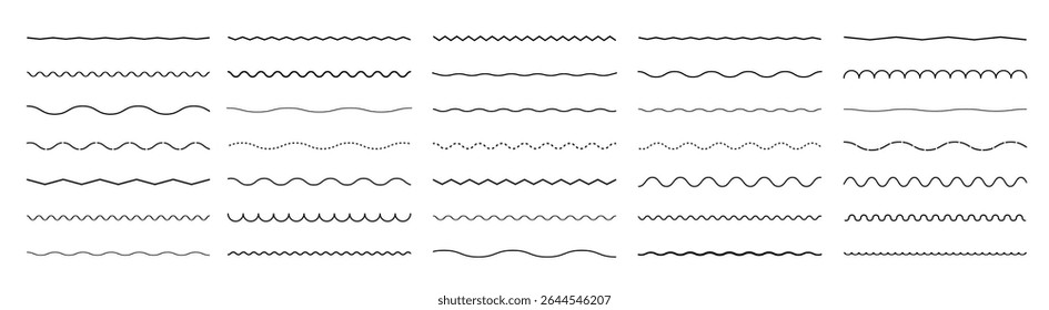 Conjunto de líneas de ondas. Línea. Patrón de adorno de onda. Conjunto de líneas onduladas en zigzag. Fondo de línea delgada ondulada. Vector en zigzag y subrayado Horizontal ondulado. Ilustración vectorial 