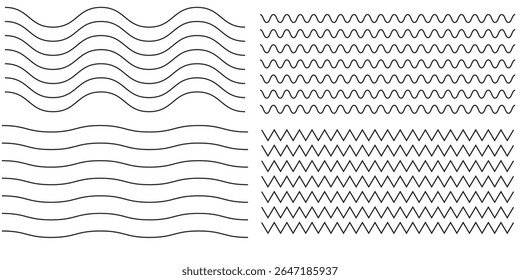 Waves line set. Wave ornament pattern. Set of wavy zigzag lines. Wave thin line background. Vector zigzag and wavy horizontal underline. Vector