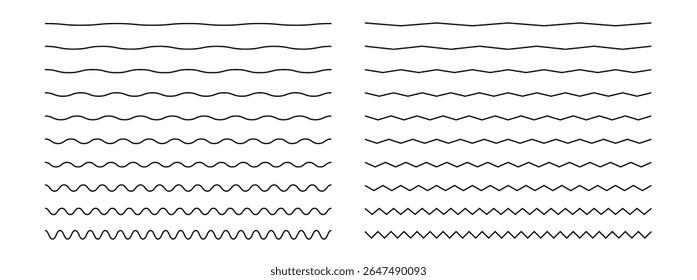 Waves line set. Line. Wave ornament pattern. Set of wavy zigzag lines. Wave thin line background. Vector zigzag and wavy horizontal underline. Vector illustration 