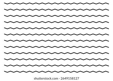 Waves Line Set. Muster für Wellenschmuck. Satz von wellenförmigen Zickzacklinien. Welle dünnen Linie Hintergrund. Vektorzickzack und wellenförmige horizontale Unterstreichung.  Vektorlinienrand, Wellenrippel, Zickzack, Ränder.