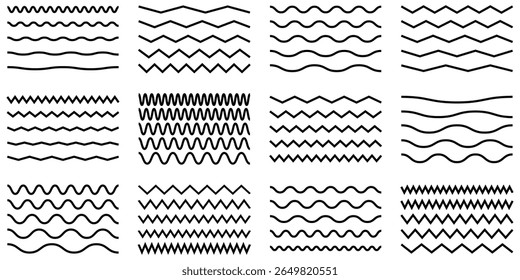 Conjunto de líneas de ondas. Patrón de adorno de onda. Conjunto de líneas onduladas en zigzag. Fondo de línea delgada ondulada. Vector en zigzag y subrayado Horizontal ondulado. Vector-EPS 10