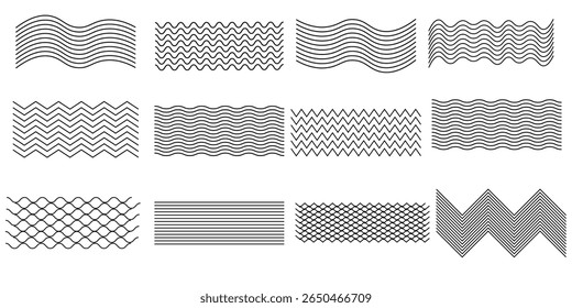 Conjunto de líneas de ondas. Patrón de adorno de onda. Conjunto de líneas onduladas en zigzag. Fondo de línea delgada ondulada. Vector en zigzag y subrayado Horizontal ondulado. Vector