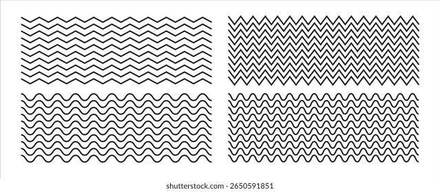 Conjunto de líneas de ondas. Patrón de adorno de onda. Conjunto de líneas onduladas en zigzag. Fondo de línea delgada ondulada. Vector en zigzag y subrayado Horizontal ondulado. Vector EPS 10