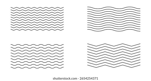 Conjunto de líneas de ondas. Patrón de adorno de onda. Conjunto de líneas onduladas en zigzag. Fondo de línea delgada ondulada. Vector en zigzag y subrayado Horizontal ondulado. Vector