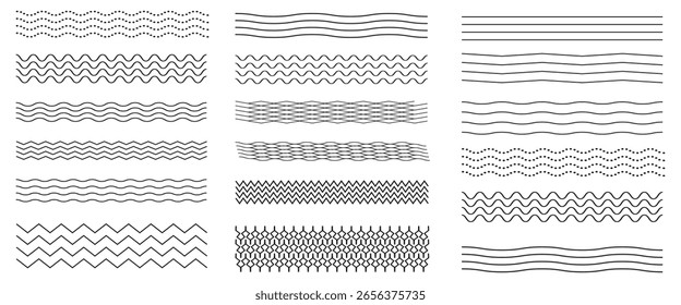 Conjunto de líneas de ondas. Patrón de adorno de onda. Conjunto de líneas onduladas en zigzag. Fondo de línea delgada ondulada. Vector en zigzag y subrayado Horizontal ondulado. Ilustración vectorial 