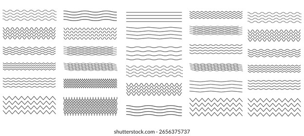 Conjunto de líneas de ondas. Patrón de adorno de onda. Conjunto de líneas onduladas en zigzag. Fondo de línea delgada ondulada. Vector en zigzag y subrayado Horizontal ondulado. Ilustración vectorial 