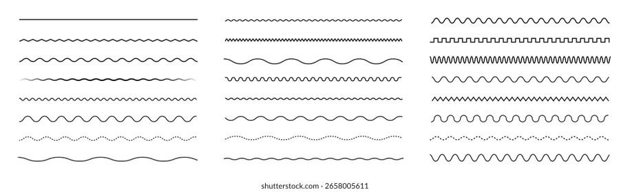 Conjunto de líneas de ondas. Patrón de adorno de onda. Conjunto de líneas onduladas en zigzag. Fondo de línea delgada ondulada. Vector en zigzag y subrayado Horizontal ondulado. Ilustración vectorial 
