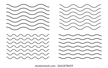Conjunto de líneas de ondas. Patrón de adorno de onda. Conjunto de líneas onduladas en zigzag. Fondo de línea delgada ondulada. Vector en zigzag y subrayado Horizontal ondulado. Ilustración vectorial.