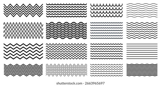 Conjunto de líneas de ondas. Patrón de adorno de onda. Conjunto de líneas onduladas en zigzag. Fondo de línea delgada ondulada. Vector en zigzag y subrayado Horizontal ondulado. Ilustración vectorial 